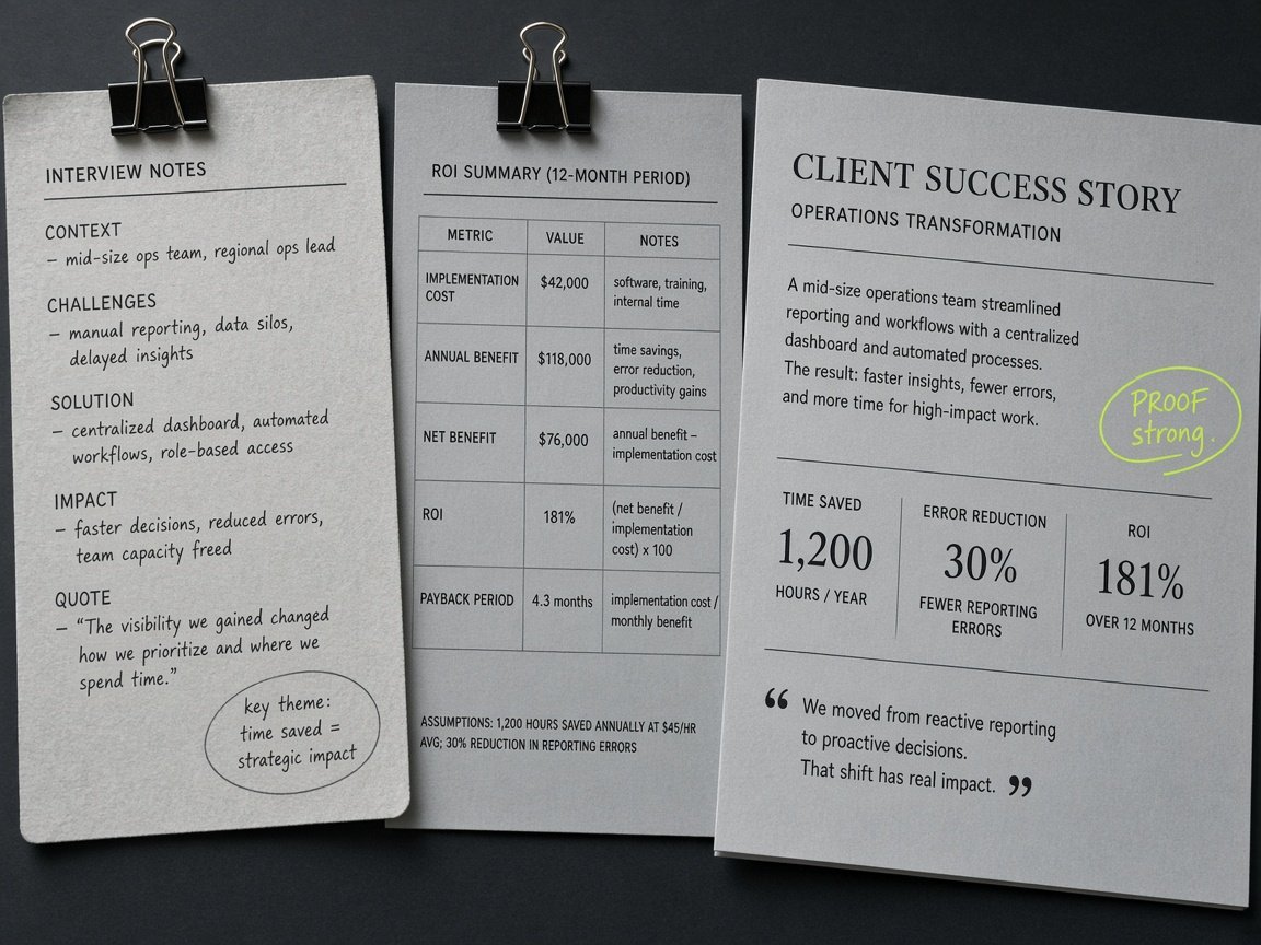 Case study manuscript board with interview notes and proof annotations