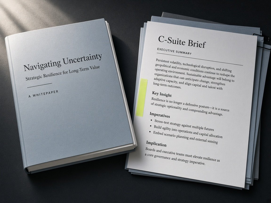 Bound executive briefing materials on an editorial desk